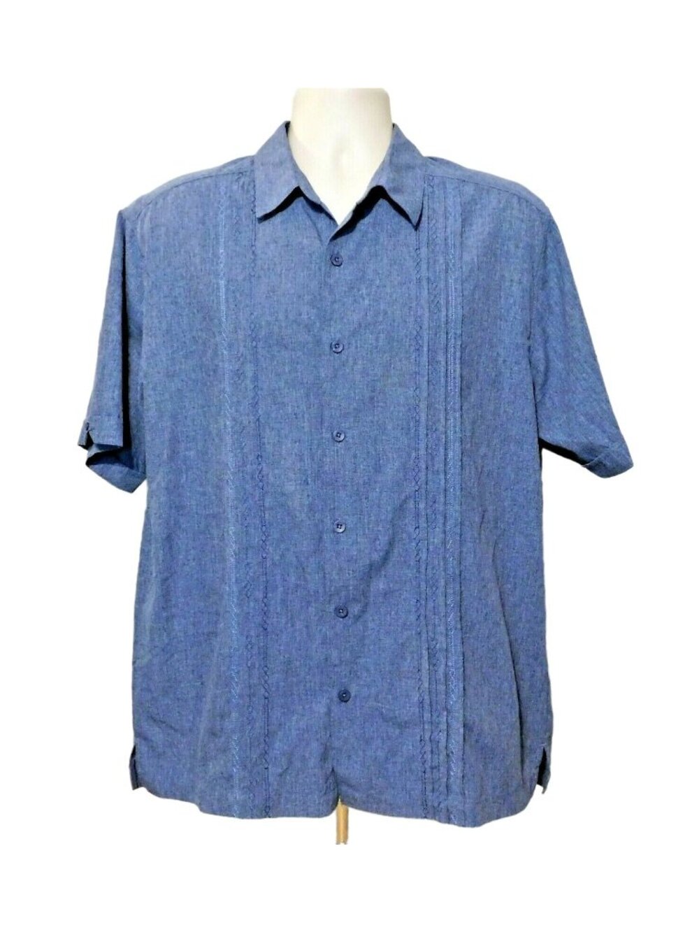 Havanera Shirt L Blue Pleated Front Stitching Short Sleeve 100% Polyester